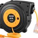 VEVOR Retractable Extension Cord Reel, 45 FT, Heavy Duty 12AWG/3C SJTOW Power Cord, with Lighted Triple Tap Outlet, 15 Amp Circuit Breaker, 180 Swivel Bracket for Ceiling or Wall Mount