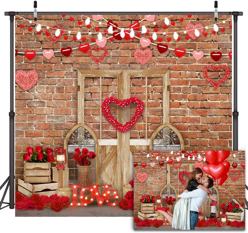 Lofaris Happy Valentine's Mothers Day Backdrops Brick Wall Wood Door and Red Rose Flower Love Heart Lights Background Birthday Baby Shower Party Decor Portrait Photo Booth Props 10x10ft