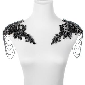 Black Pair Beaded Rhinestones Applique Embellishment for Clothes,Epaulettes Shoulder Patches Sew-on Diamond Sequin Applique for Wedding Dress DIY Accessories