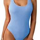 Limeeke Women One Piece Swimsuit Solid Ribbed Monokini Swimwear Scoop Neck Low Back Bathing Suit, Size: S