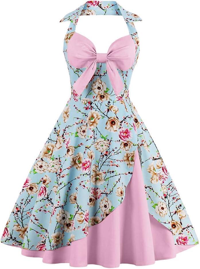 Women Vintage Polka Dot 1950s Rockabilly Halter Audrey Dress Retro Floral Evening Cocktail Swing Dress XXL