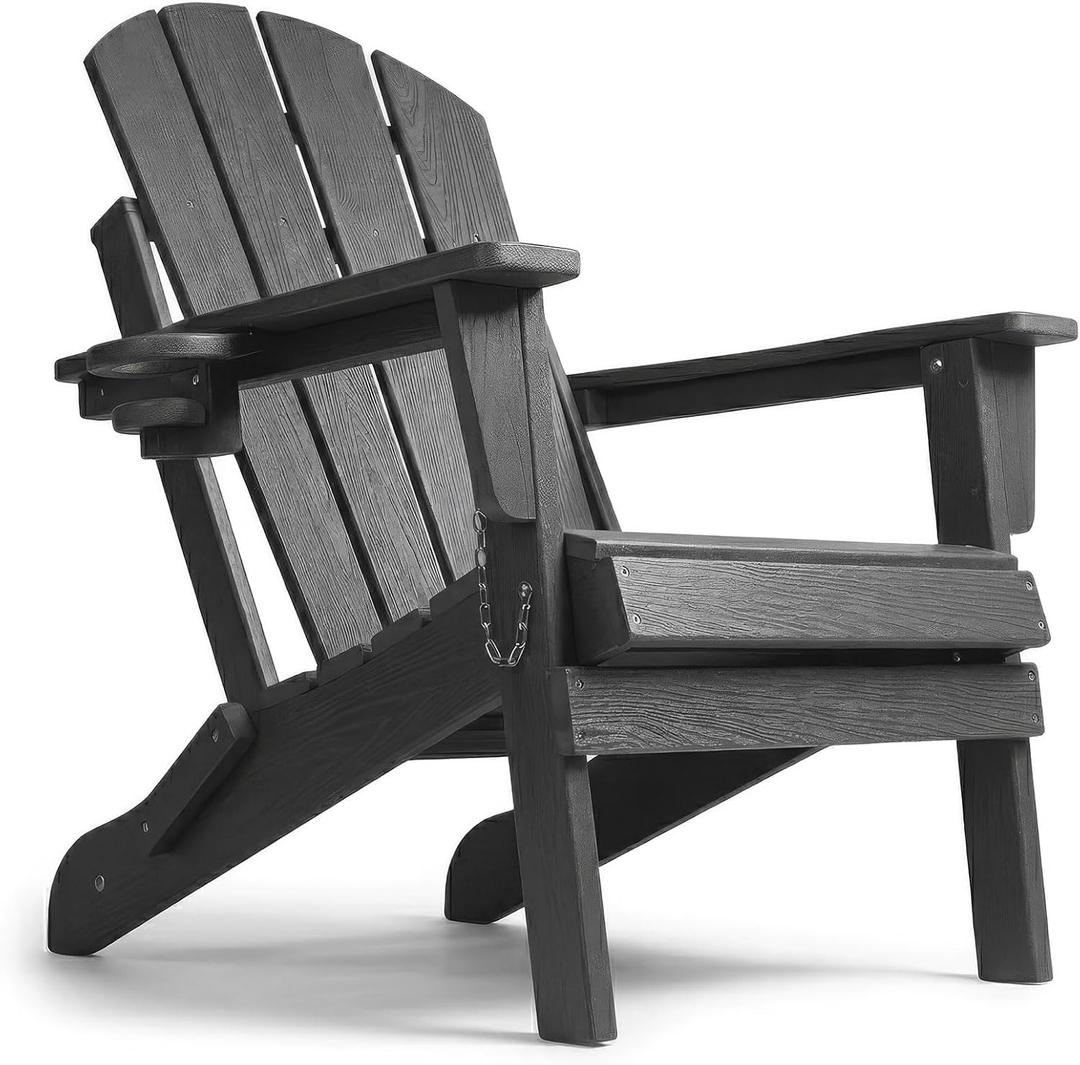 HDPE Adirondack Chair, Folding Outdoor Patio Chair with Cup Holder, Weather Resistant Wood Grain Lawn Chair for Backyard, Garden, Fire Pit, Deck, Gray, 1 Pack