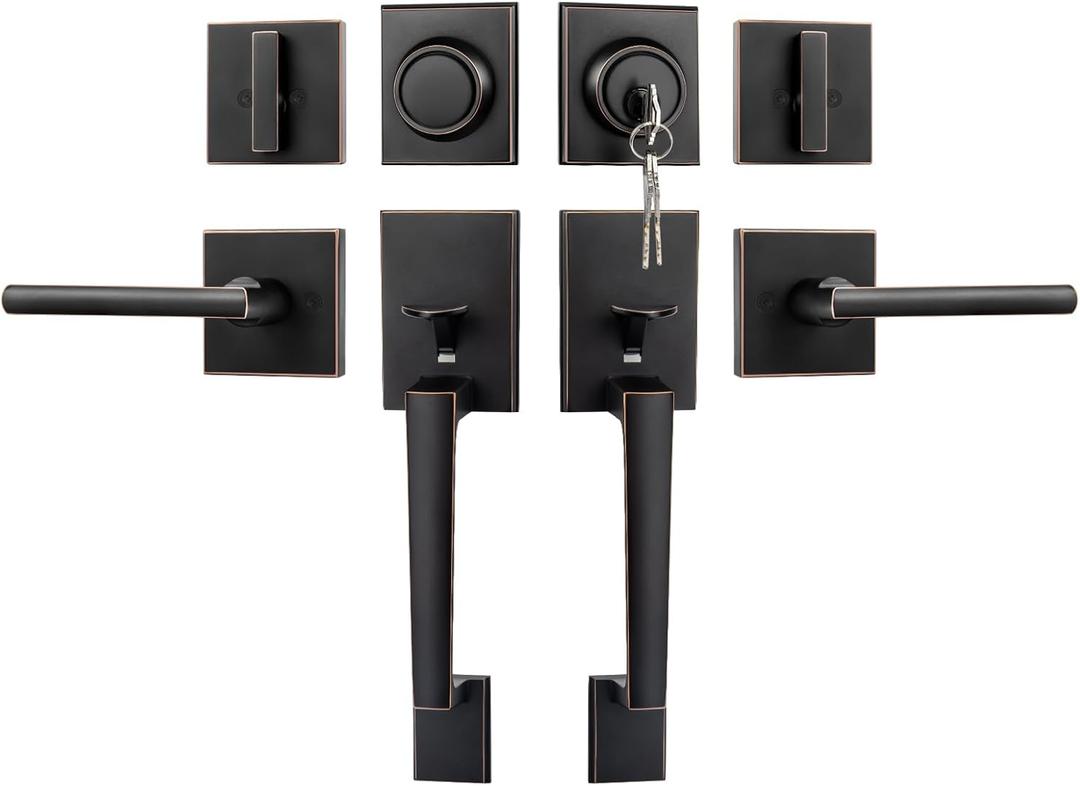 Goldenwarm Double Front Door Lock Set, Oil Rubbed Bronze Double Front Door Handle with Dummy, Square Exterior Door Lever with Reversible Lever, Single Cylinder Deadbolt Combo