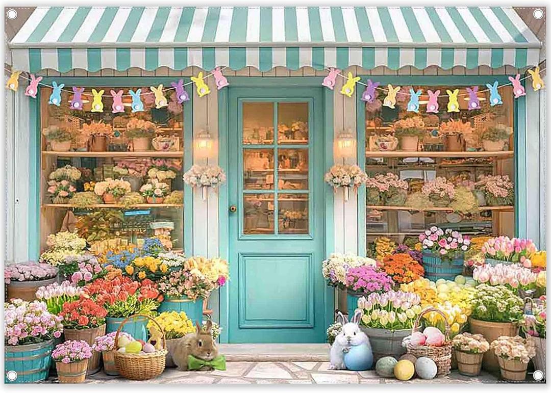 ZTHMOE Fabric 7x5ft Spring Flowers Shop Photography Backdrop Easter Floral Market Rabbits Colorful Eggs Party Decoration Kids Adults Photo Banner Props