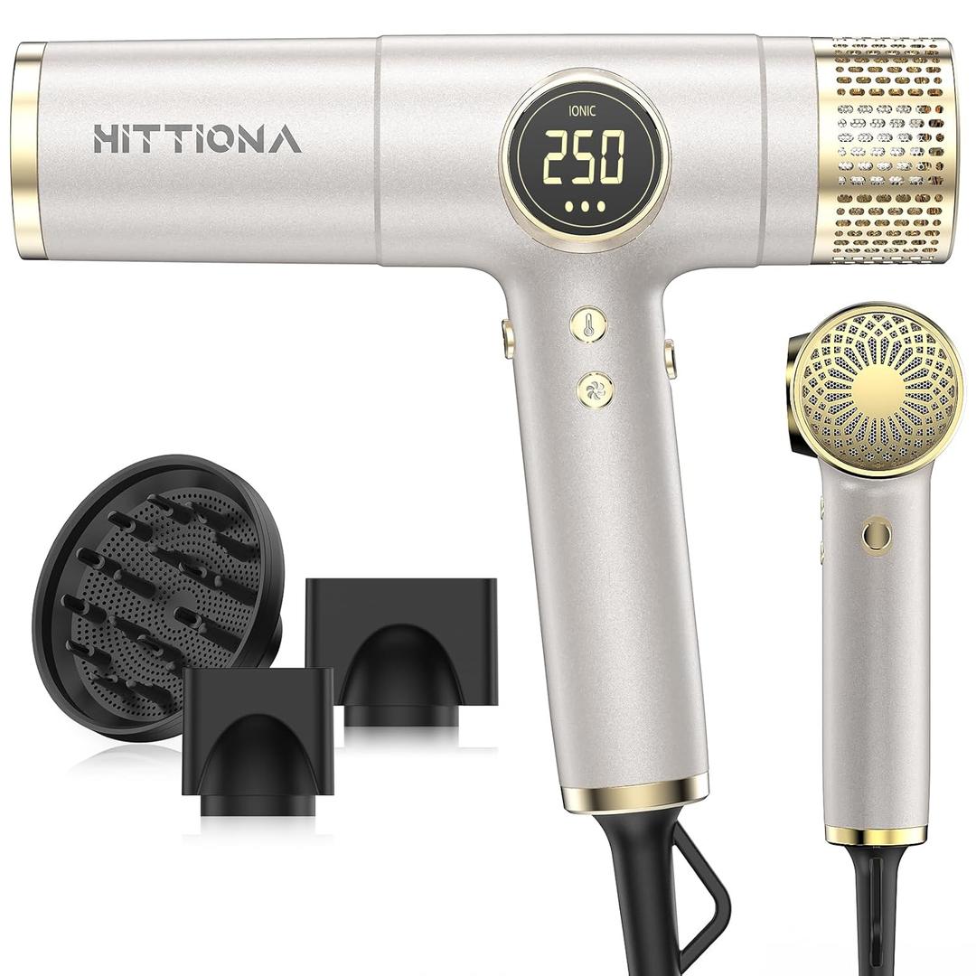 HITTIONA Dual Voltage Travel Hair Dryer with Magnetic Diffuser - 2000W High-Speed Ionic Hair Dryers Gift for Women, Fast Drying, Low Noise, Lightweight, No Heat Damage, European Travel 110V-240V, Gold