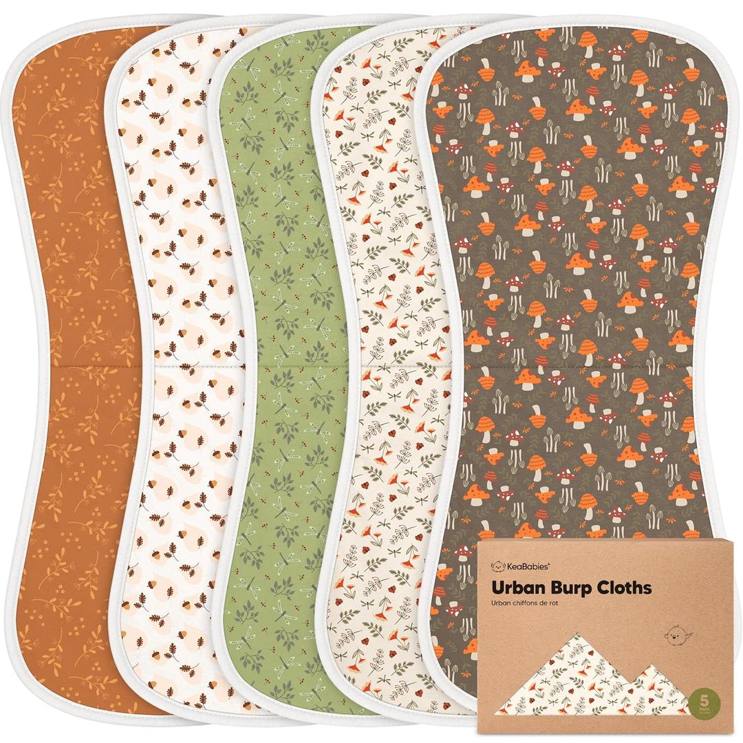 Organic Burp Cloths Baby Boy & Girl - 5-Pack Super Absorbent Cotton Burping Cloths for Babies, Soft & Plush Newborn Spit Up Rags, Infant Towels for Milk Spit Up, Unisex, Large 21" x 10" (Fall Spores)