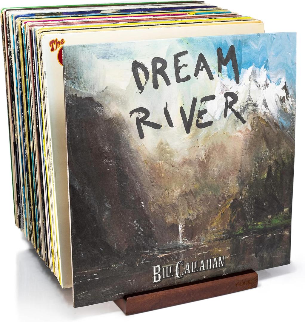 Premium Vinyl Record Stand - a Mid-Century Style Record Holder for Albums, 50-60 LP Capacity - with a Now-Playing Record Display Groove (Brown)