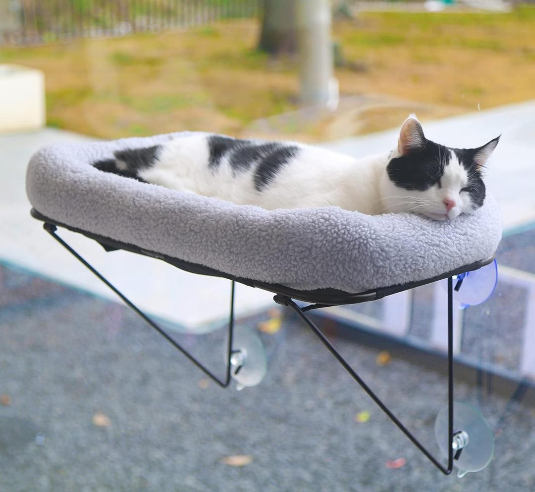 Cat Window Perch - 100% Metal Supported from Below - Comes with Warm Spacious Pet Bed - Cat Window Hammock for Large Cats & Kittens - for Sunbathing, Napping & Overlooking (Grey) (Gray)