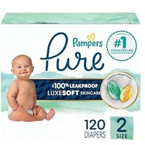 Pampers Pure Protection Baby Diapers, Size 2 (12-18 lbs), 120 Count, Up to 100% Leakproof, Premium Plant-Based Skin Protection, Hypoallergenic Soft Diapers