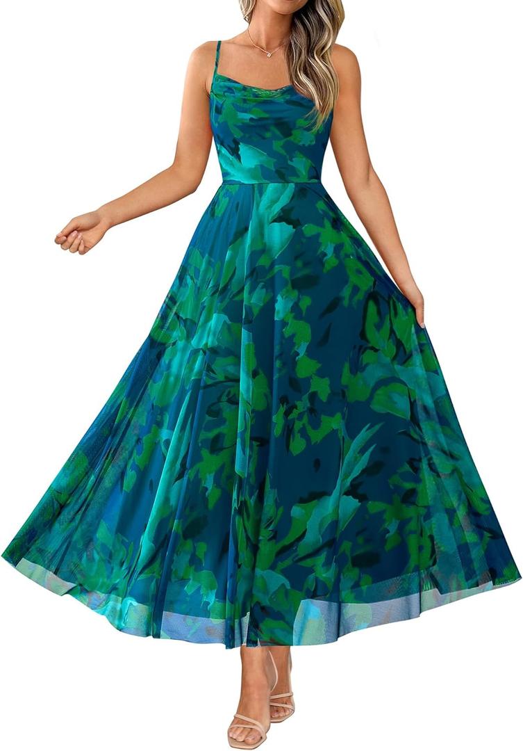 BTFBM Women Summer Floral Maxi Dresses Elegant Spaghetti Strap Dress Printed Party Dress Beach Long Dresses (Large)