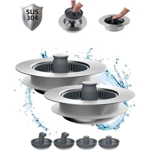Hibbent 2 Pack Upgraded 3 in 1 Kitchen Sink Drain Strainer and Stopper Combo, Stainless Steel Metal Pop Up Sink Stopper, 6 Anti-Clogging Basket Strainers with Handle for US Standard 3-1/2 Inch Drain (Chrome+Grey)