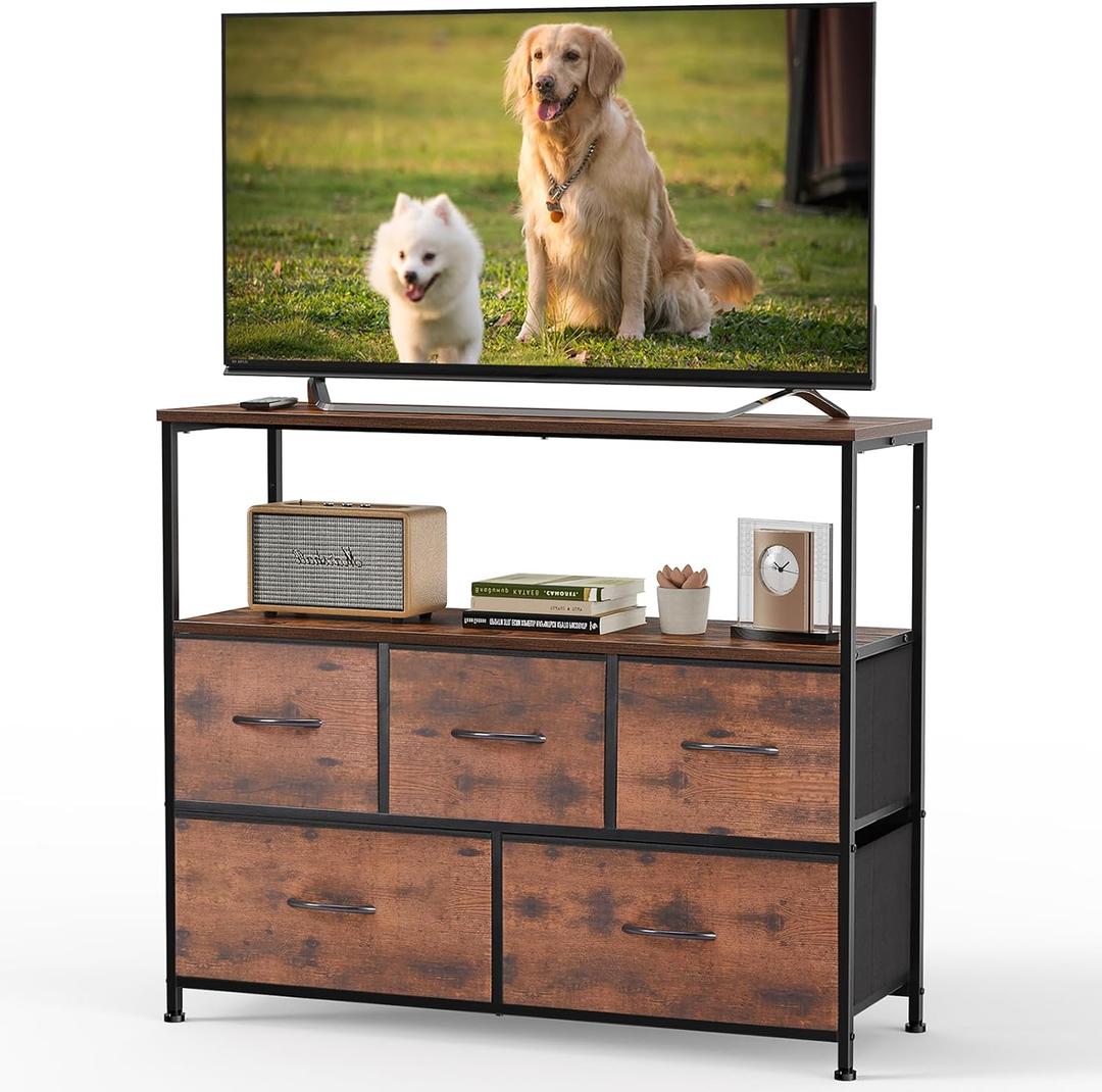 DUMOS TV Stand, Dresser with 5 Fabric Storage Drawers, Media Console Featuring Open Shelf for TV, Compact Entertainment Unit for Bedroom, Living Space, or Dorm Organization, Brown, 39.4"D x 11.8"W x 31.5"H