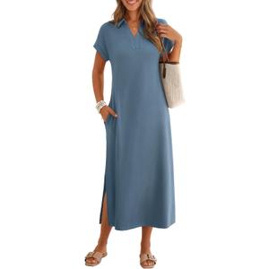 MEROKEETY Women's Summer Casual Maxi Dress 2026 Cap Sleeve V Neck Collared Beach Vacation T Shirt Long Dresses (Blue, L)