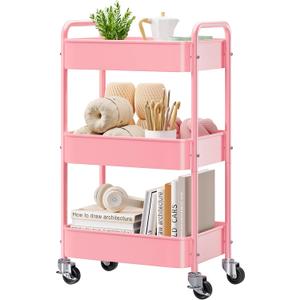 Pink 3 Tier Rolling Cart Metal With Lockable Wheels, Three Tier Utility Cart On Wheels, Sturdy Craft Cart Organizer for Teacher, Storage Roller Trolly for Baby Diaper, Art, Craft, Nail, Lash, Makeup