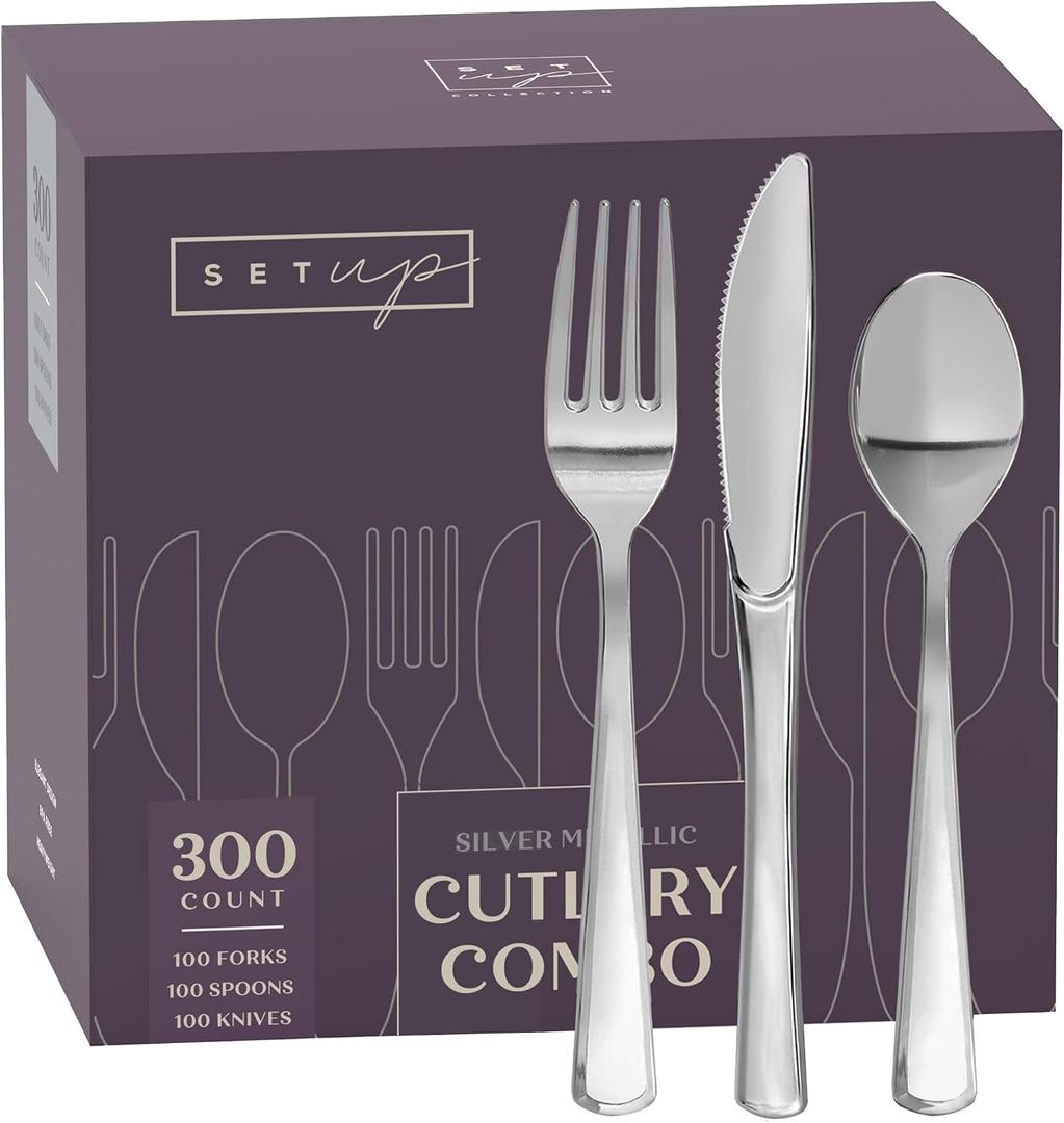 SETUP [300 Count] Disposable Silverware, Silver Combo Cutlery - 100 Forks, 100 Spoons, 100 Knives - Heavy Duty, and Durable Silver Plastic Silverware Set Great for Parties, Events and Everyday use