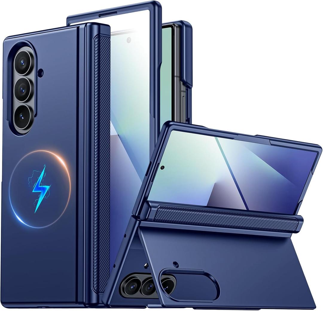 CENMASO Magnetic for Samsung Galaxy Z Fold 7 Case with Stand, Fit for Magsafe, Hinge Protection, Screen Protector, Built-in Hidden Kickstand, Slim Shockproof Phone Case for Galaxy Z Fold 7-Blue