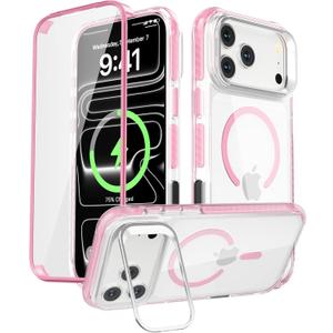 for iPhone 17 Pro Case, Heavy Duty Shockproof Protective Phone Case, Built-in Screen Protector & Camera Stand, Fits MagSafe, Magnetic Rugged Phone Cover for iPhone 17 Pro, 6.3'', Pink