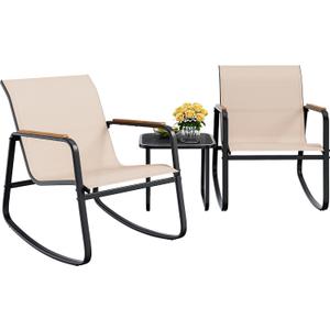 YITAHOME 3 Piece Rocking Bistro Set, Outdoor Patio Furniture Set with Wooden Armrests, Porch Chairs Set with Glass Table for Lawn, Garden, Balcony, Poolside, Beige