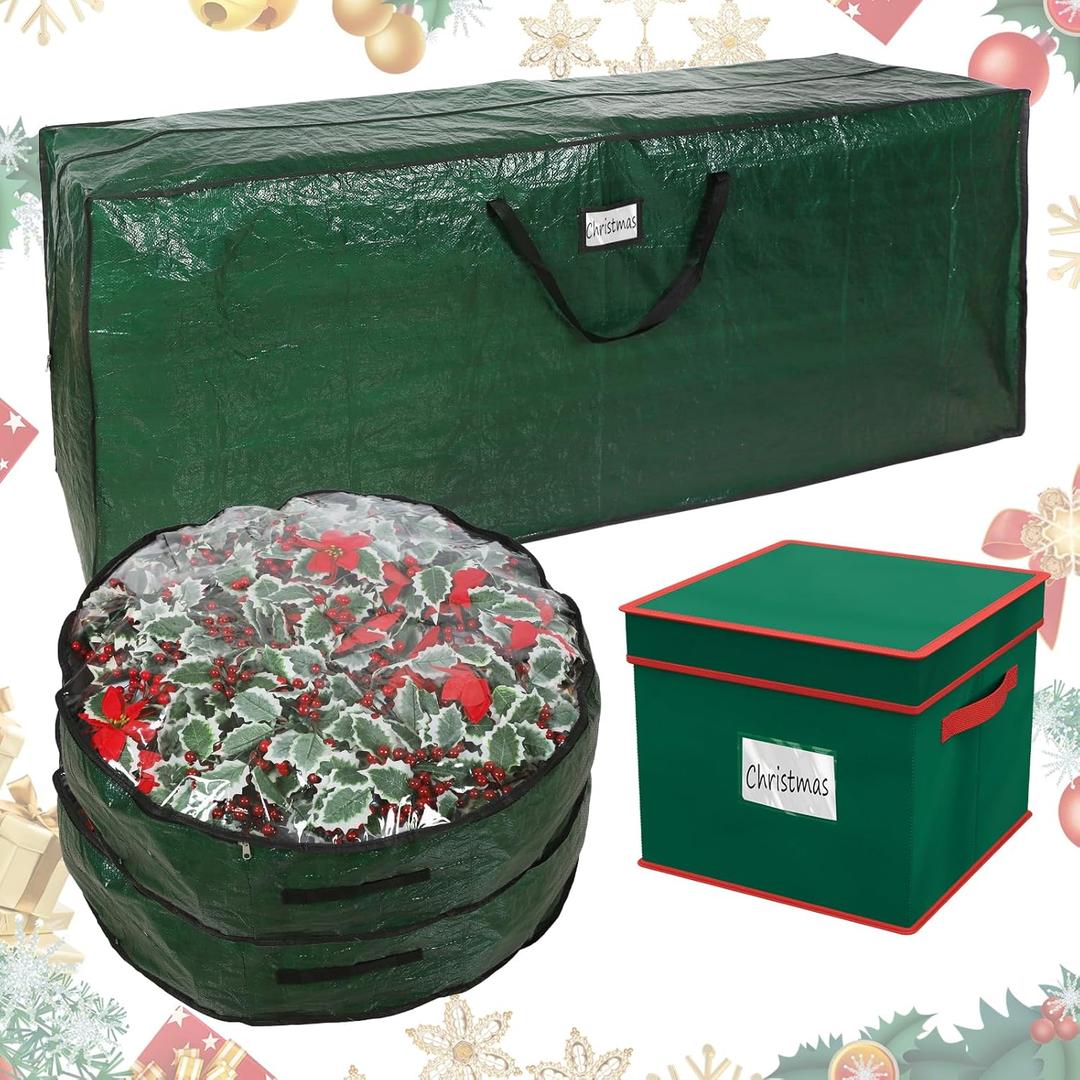 Falflor 4Pcs Christmas Tree Storage Bag&Ornament Organizer Box Holiday Storage Containers Christmas Wreath Storage Bag (9 Ft, Green)