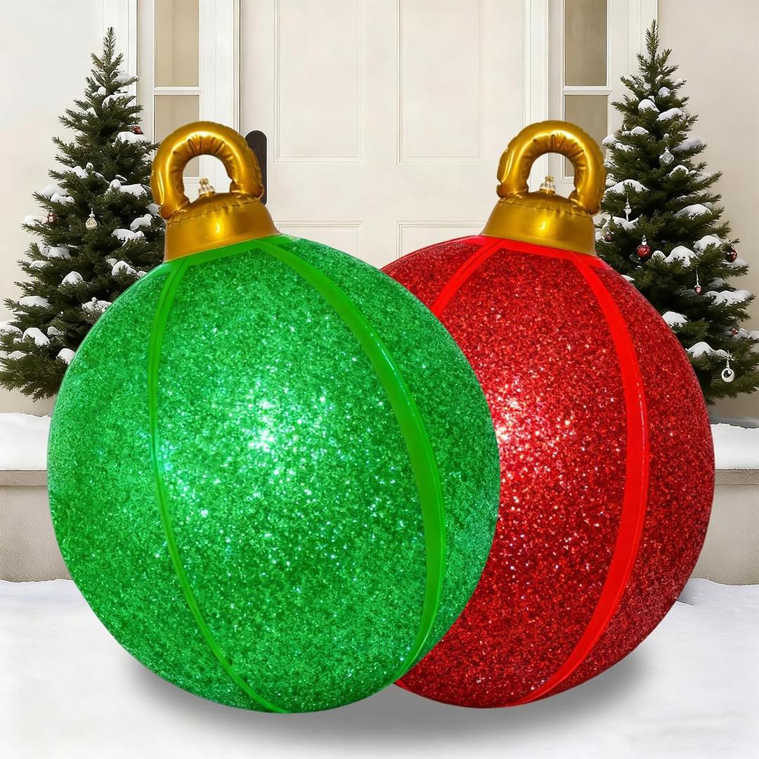 2 Pack 24 Inch Inflatable Christmas Balls, Giant Inflatable Ornaments Outdoor, Extra Large Outdoor Christmas Ornaments for Lawn, Porch, and Front Door (Red & Green)