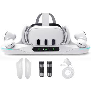 Lampelc Charging Dock for Meta Quest 3, Auto-Clamping Fast Charging Station VR Charger Stand for Headset Controllers Accessories, with 2 Rechargeable Batteries, LED Display