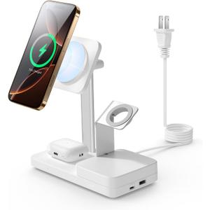 ESR 65W 4-in-1 GaN Wireless Charging Station(5-in-1 Stand), Designed for MagSafe Charger Stand, Magnetic Wireless Charger for iPhone 17/16/15/14/13, AirPods Pro/3/2, and USB A/C Devices, White