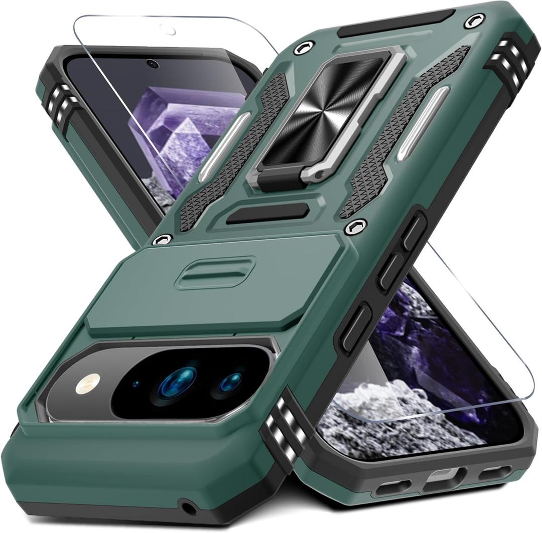 DEERLAMN Case for Google Pixel 10/10 Pro with Slide Camera Cover+Screen Protector(1 Pack), Rotated Ring Kickstand Military Grade Shockproof Protective Cover-Green