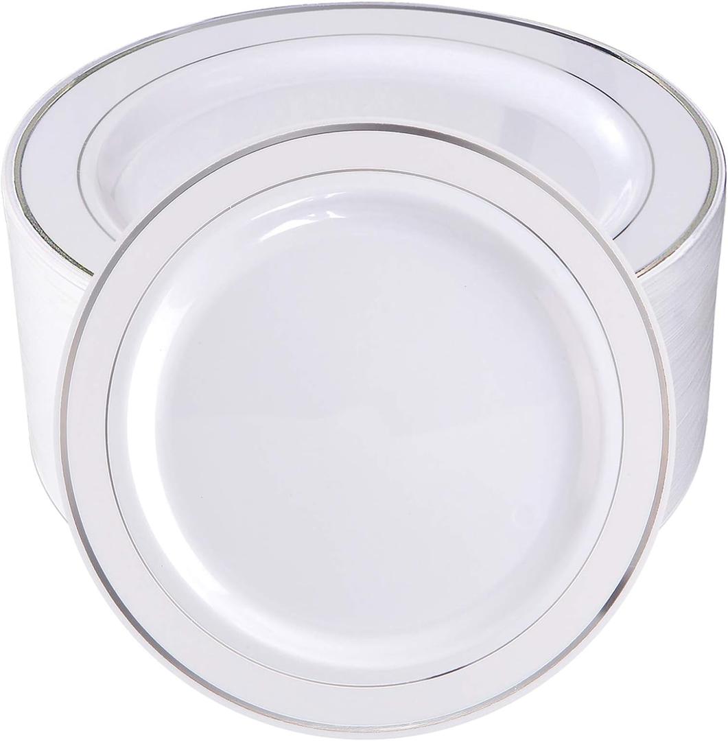 bUCLA 100Pieces Silver Plastic Plates - 10.25inch Silver Rim Disposable Dinner Plates - Ideal for Weddings, Parties & Christmas