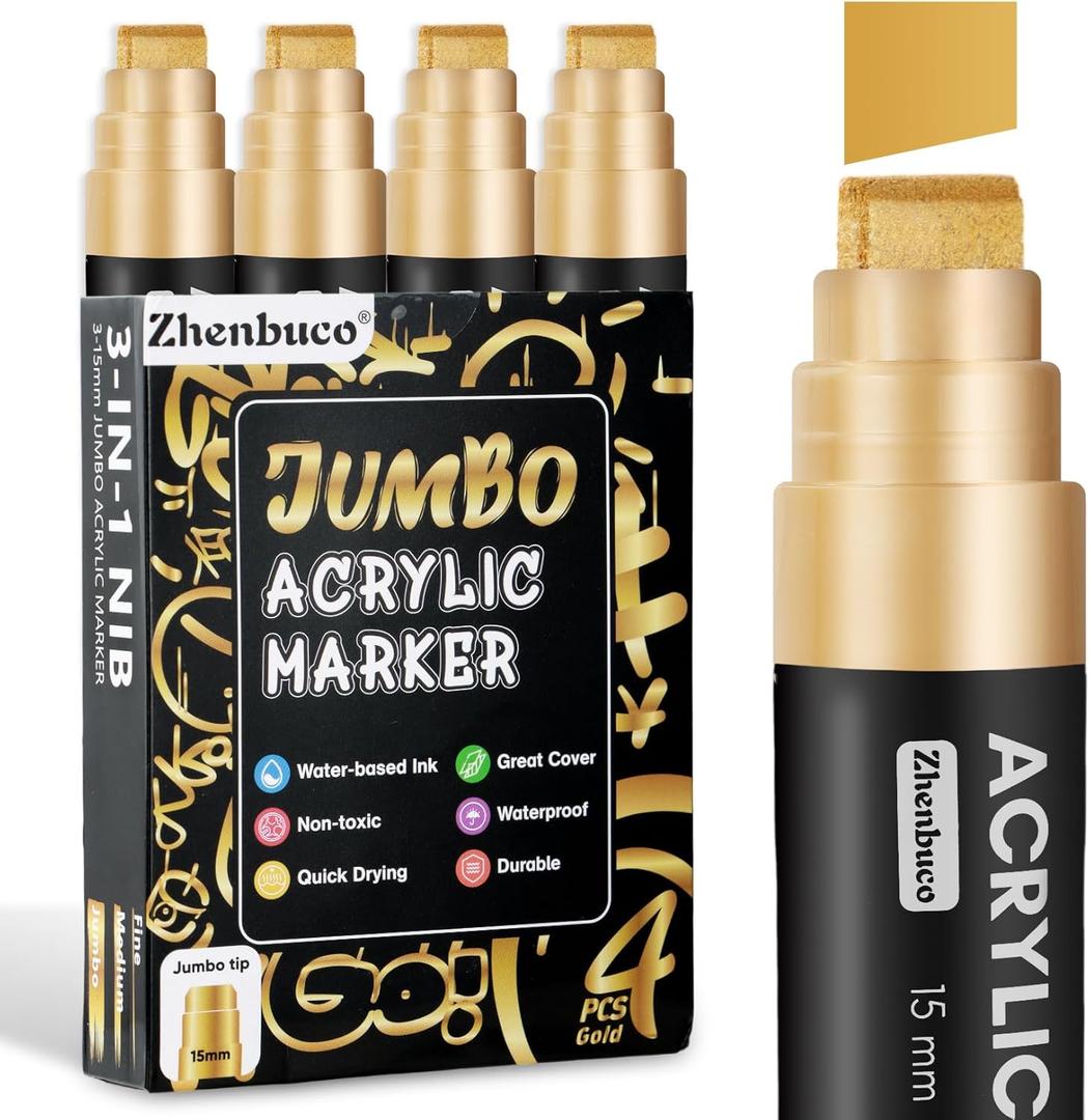 4 PCS Gold Jumbo Permanent Markers - 15mm Wide Tip Thick Acrylic Paint Pen, Large Acrylic Paint Markers for Rock Painting, Calligraphy, Poster, Canvas, Valentines Sign, Glass, Wood, Metal, Ceramic