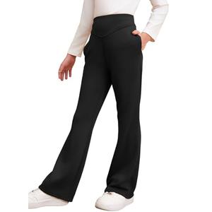 blibean Teen Girls Flare Pants Big Kid Fall Bell Bottom Leggings Solid Casual School Uniform Elastic High Waist Pant Spring Formal Wide Leg Legging with Pockets Size 10-11 Year Old, Black