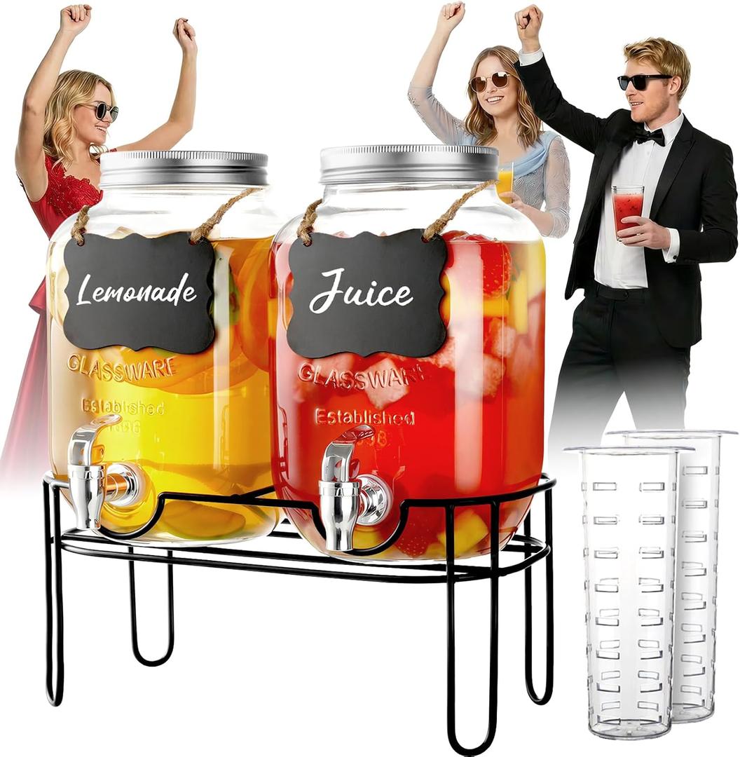 1 Gallon Glass Drink Dispensers For Parties, 2 Pack Beverage DispenserLemonade Dispenser With Fruit Infuser And Stand For BBQ, Picnic, Party,Sun Tea 