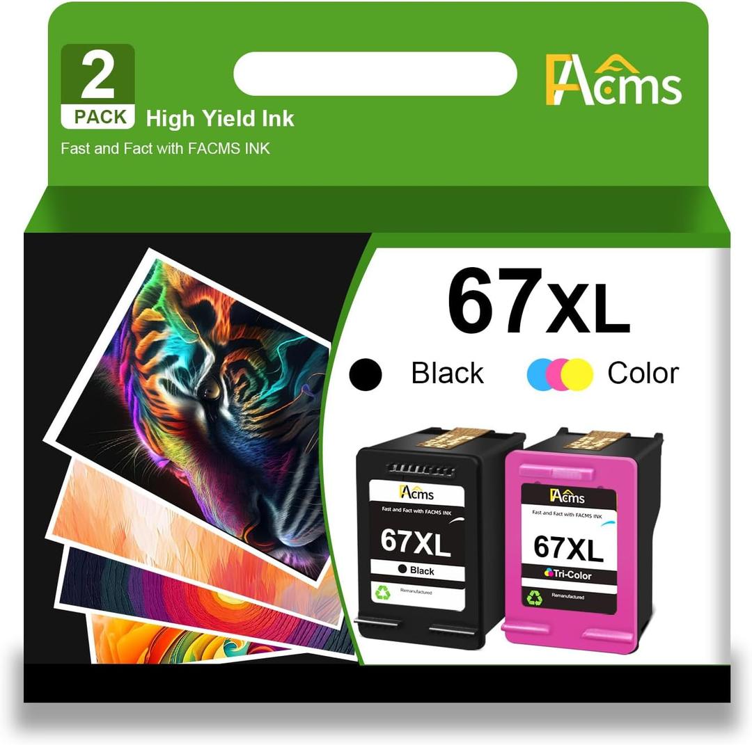 67XL Ink Cartridge Combo Pack Replacement for HP 67XL 67 XL Work for 2700 2700e 2752 2752e 2742e 2755e 4100 4100e 4152e 4155e 6000 6055e 6400 6458 Printer1 Black,1 Color