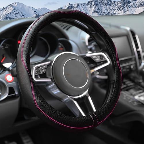 UNLRAE Steering Wheel Cover,Car Accessories 14.5-15 Inch Leather Steering Wheel Cover,Anti-Slip Breathable Microfiber Leather Covers,Warm in Winter and Cool in Summer,Fit for Suvs (Black-Pink)