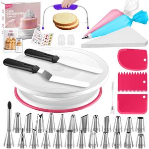 Syntus 65 PCs Cake Decorating Kit with Cake Stand Turntable, Cake Baking Supplies 30+1 Piping Bags, 24 Piping Tips, Offset & Straight Spatulas, 3 Scrapers, Leveler, 2 Couplers & 1 Tips Brush (Rose Pink)