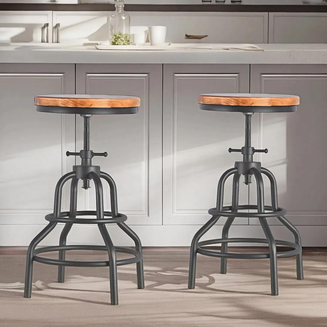 Industrial Vintage Counter Stool, Kitchen Counter Height Adjustable Swivel Chair, Metal Frame Stool, 20.47-26.77 Inch, Fully Welded Base, Set of 2, Brown Wood