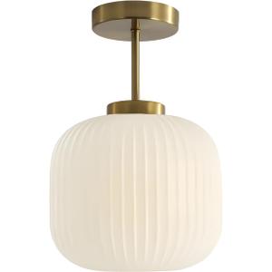 KCO Lighting Ribbed Milk Glass Flush Mount Light Gold and White Ceiling Lights Brass Kitchen Lighting Fixtures Small Globe Semi Flush Mount Ceiling Light for Hallway Stairway