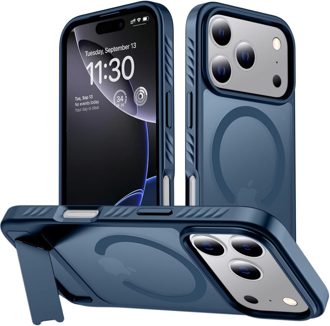 for iPhone 17 Pro Max Case with Kickstand,[Compatible with Magsafe] Slim Translucent Matte,Military-Grade Protection & Anti-Yellowing,Magnetic Phone Case for iPhone 17 Pro Max,Blue
