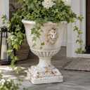 16.5 Inch Tall Antique White Urn Planter with Drainage, Vintage Rustic Outdoor Flower Pot, Pedestal Floor Planter for Patio, Front Porch, Garden, Entryway and Indoor Decor