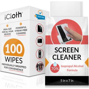 iCloth 70% Isopropyl Large Screen and Electronics Wipes, Lint-Free, Streak-Free, Fast-Drying, Removes Dust and Fingerprints (100 Wipes)