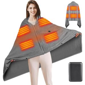 Heated Blanket Battery Operated 5V 10000mAh Battery 62" x 35" Portable Heated Shawl Wraps for Women Men Cordless Rechargeable Heated Blanket 3 Heating Settings 6 Heating Zones(Gray)