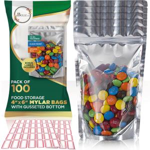 BELLE KR 4x6 Mylar Bags for Freeze Dried Candy - Pack Of 100-7.5mil Thick - 1/2 Pint Stand Up Small Clear Mylar Bags with See Through Window for Freeze Drying - Labels Included