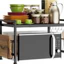 Extendable Microwave Oven Rack - Adjustable Kitchen counter shelf, 2 Tier Microwave Stand (L15.7~23.6" xW12.8 xH17.7) with 6 Hooks for Kitchen Countertop Organizer (Black) (Black)