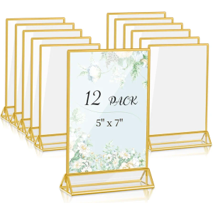 Acrylic Sign Holders 5 X 7, 12 Pack Table Number Holders for Wedding Table Numbers & Menu, Gold Border Acrylic Picture Frames Double Sided Clear Display Stand