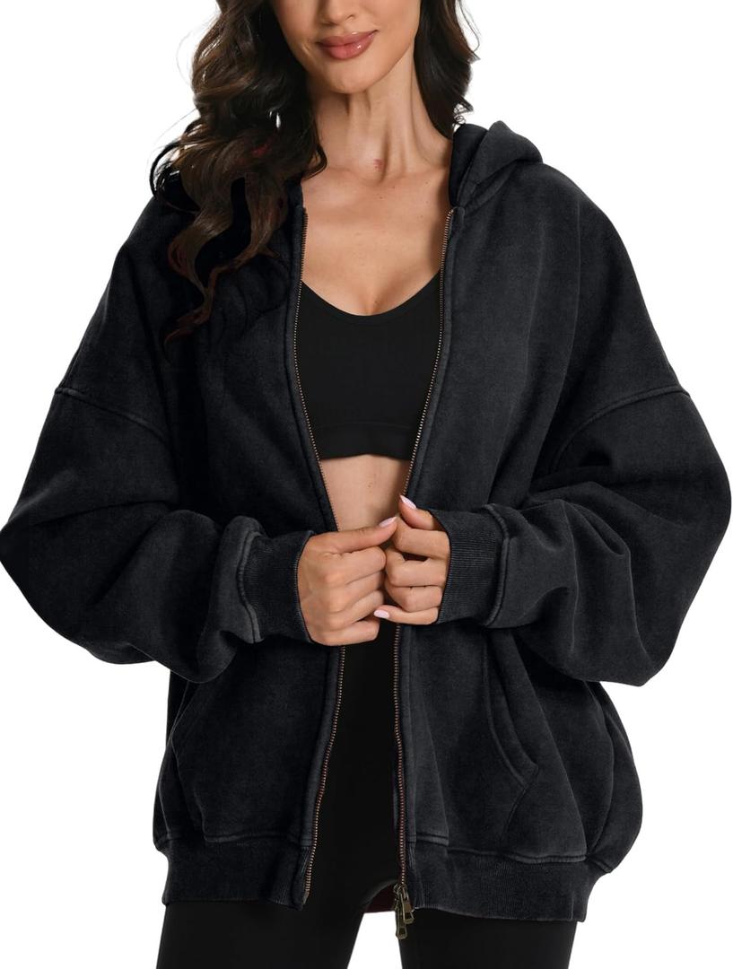 FAIABLE Womens Mens Zip Up Hoodie Oversized Acid Wash Hoodies Heavyweight Distress Cotton Fleece Zipper Hoodie Vintage (Black, L)