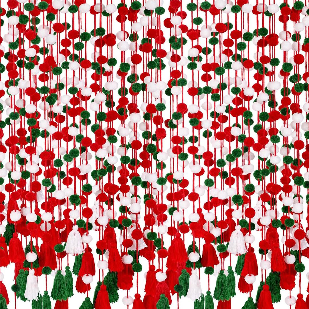 VitalCozy 12 Pcs 59 ft Mexican Pom Pom Garland Green White and Red Garland Fiesta Strand Hanging Red Green White Decorations for Fiesta Mexican Party Favors Supplies Decor