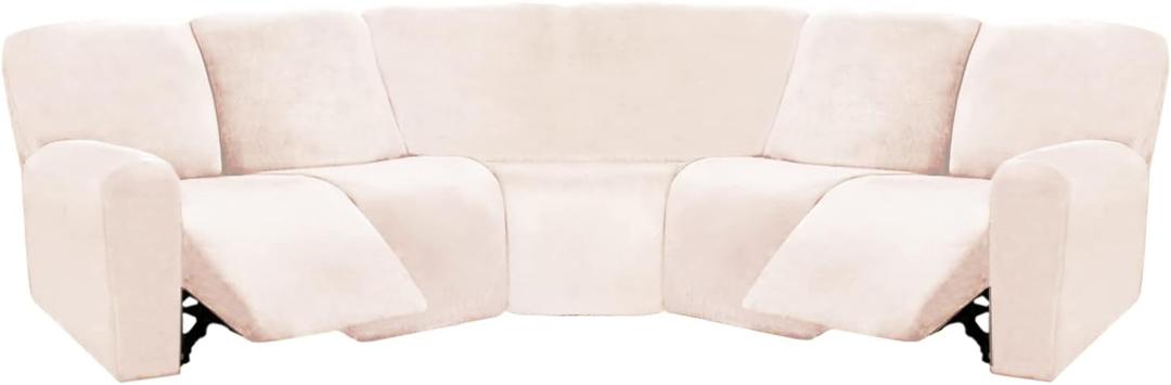 ULTICOR 7-Piece Sectional Recliner Sofa Covers, Velvet Stretch Reclining Couch Covers for Reclining Sofa, Thick, Soft, Washable (Ivory, L Shape 5 Seat Recliner Cover)
