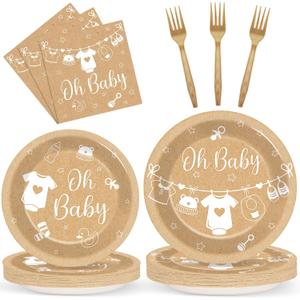 96Pcs Neutral Baby Shower Party Decorations Oh Baby Paper Plates and Napkins Party Supplies Brown Boho Tableware Dinnerware for Girl Boy Gender Reveal Birthday Baby Shower Decoration Serve 24 Guests