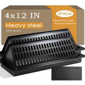 4x12 Floor Register and Vent Deflector Combo, Solid Steel 2-in-1 Floor Vent Cover, Tool-Free Drop-in Fit, Adjustable for Draft-Free Comfort, Matte Black Air Vent for Home Floor, 2 Pack