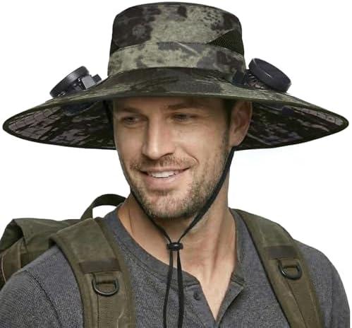 Solar Fan Hat, Wide Brim Sun Hat with 2 Built-in Solar Fans, UPF 50+ Sun Protection Outdoor Fishing Hiking Camping Beach, Ink Green, One Size