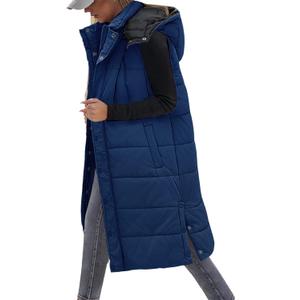 VXVGER Long Puffer Vest Women With Hood Sleeveless Down Vest Warm Jacket Winter Coat With Pockets (Small, Navy Blue)